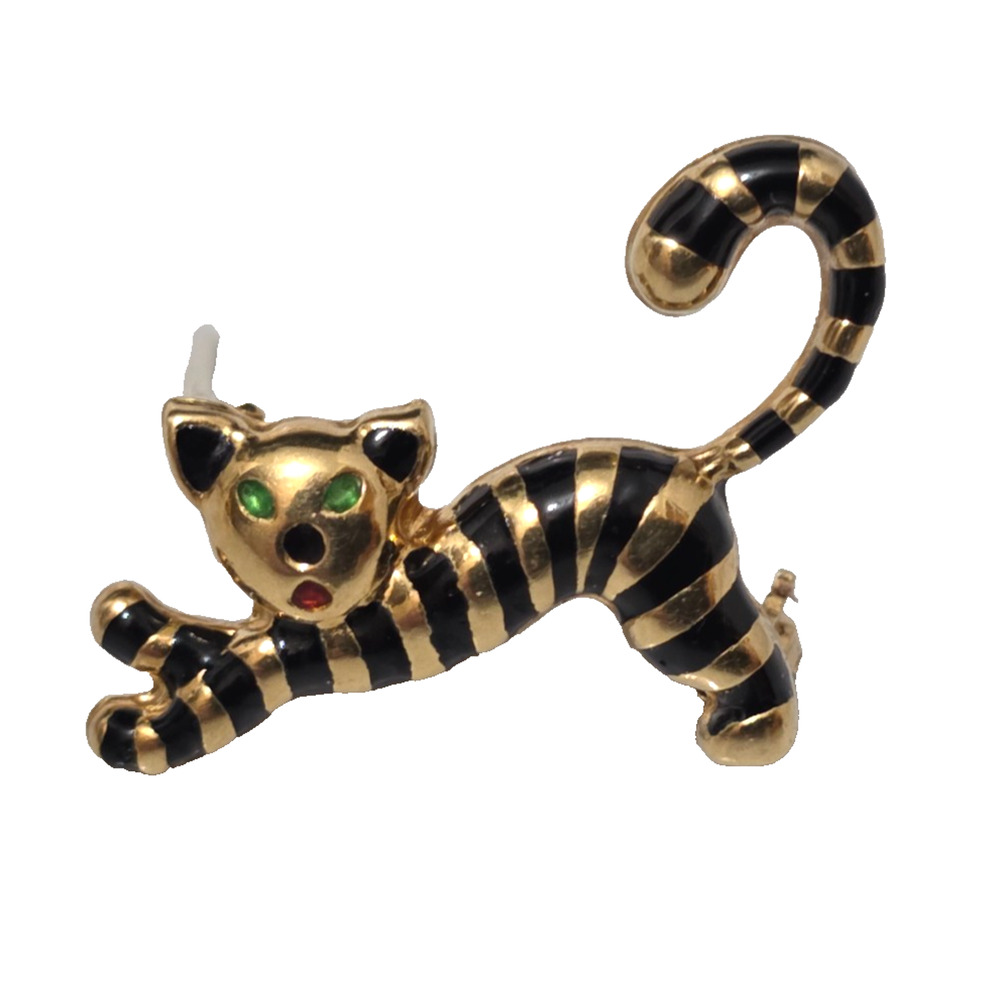 Vintage UNO-A-ERRE 18k 750 Gold 1 1/8" Striped Cat with Green Eyes Unoaerre 3 gr
